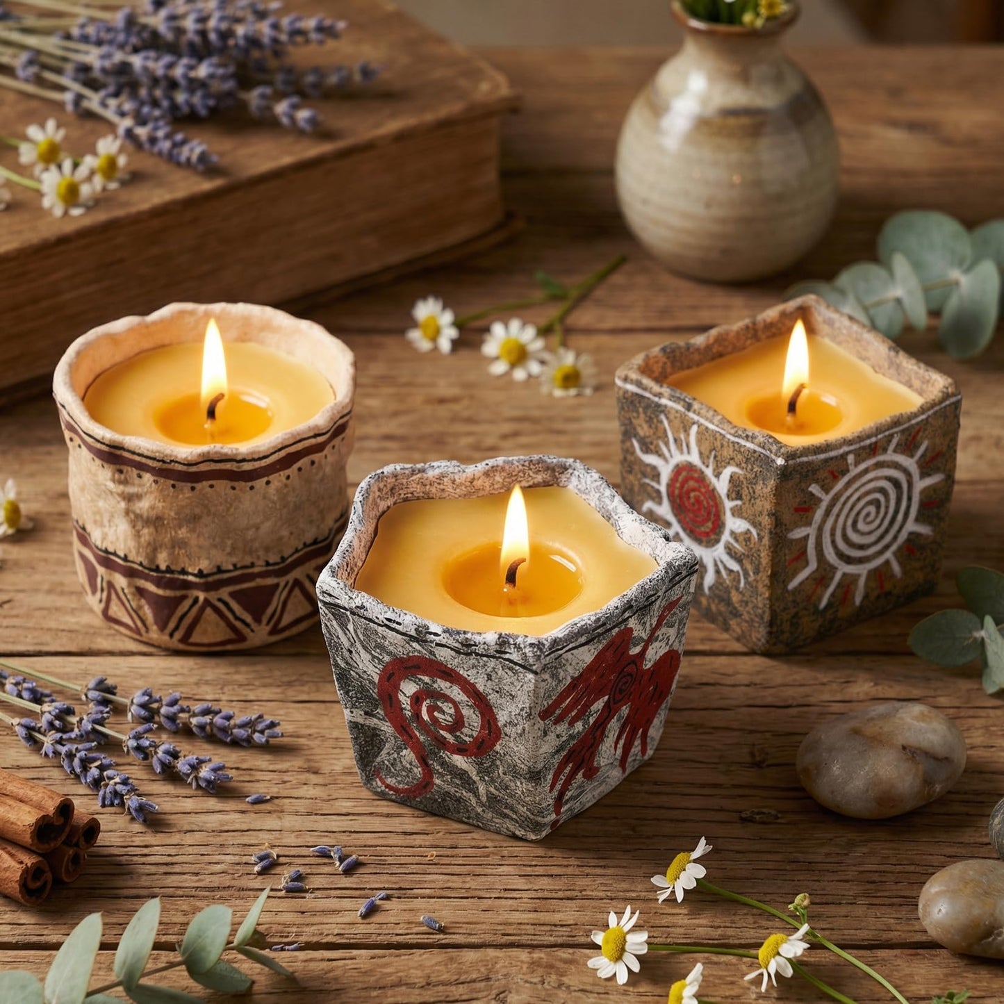 Geometric Balance Handmade Clay Empty Candle Holder – Hand-Painted Design, Refillable Candle Jars for Making Candles, Candle Tins Alternative (Geometric Balance)