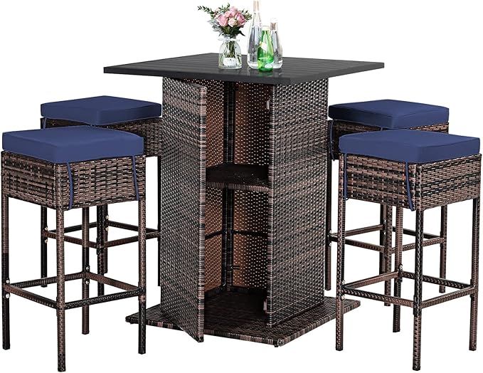 Tangkula 5 Piece Outdoor Rattan Bar Set, Patio Bar Furniture