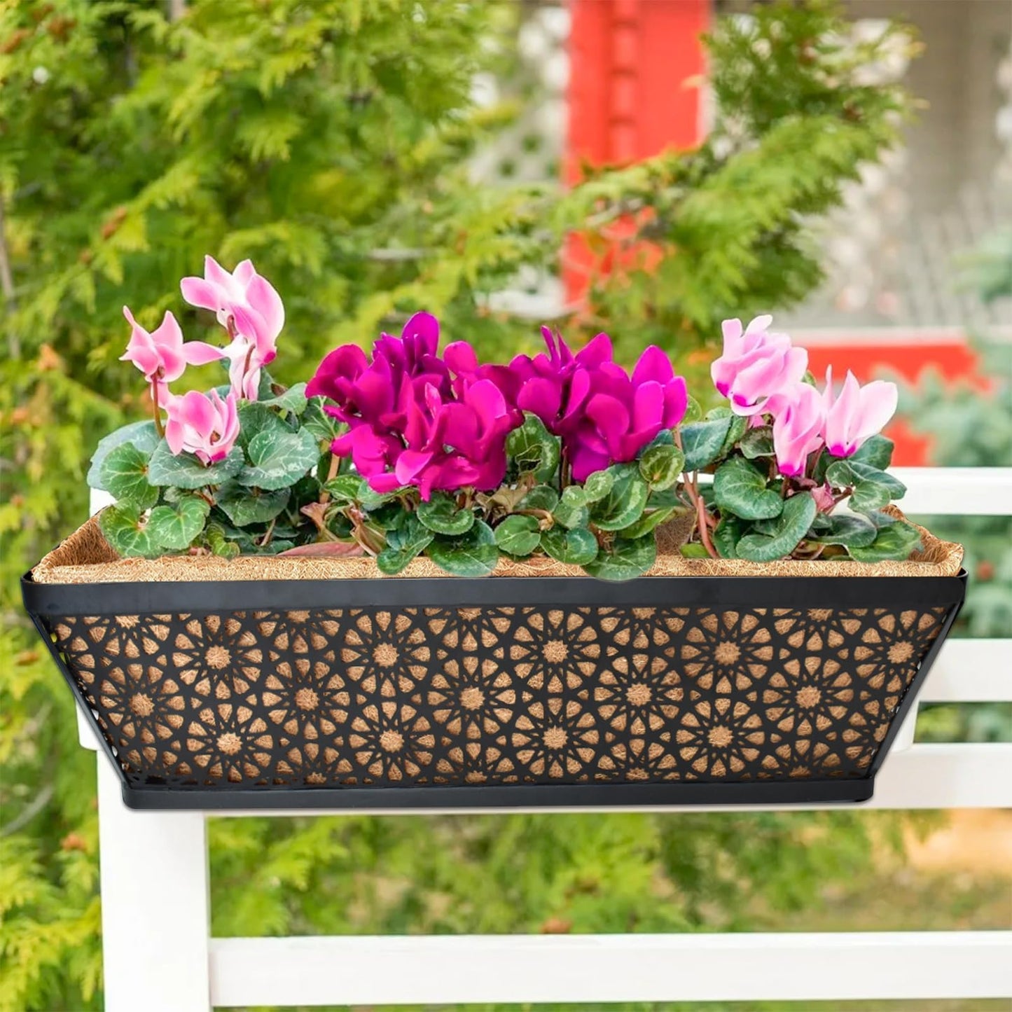 Halatool 24 Inch Window Box with Coco Liner, 4 Pack Sturdy Metal Flower Railing Planter with Coco Coir Basket Liners for Window Deck Fence Porch Balcony and Patio Outdoor Indoor Lawn