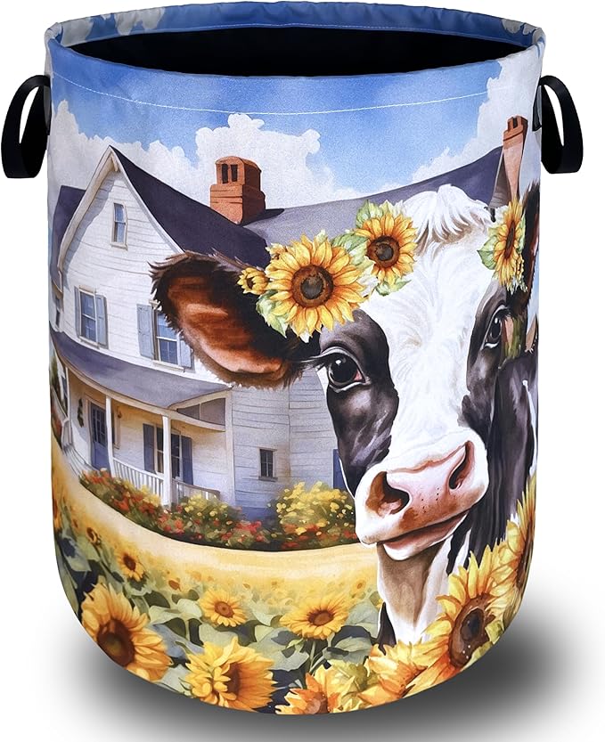 Cows Sunflower Laundry Basket Cow Foldable Funny Laundry Hamper Oxford Cloth