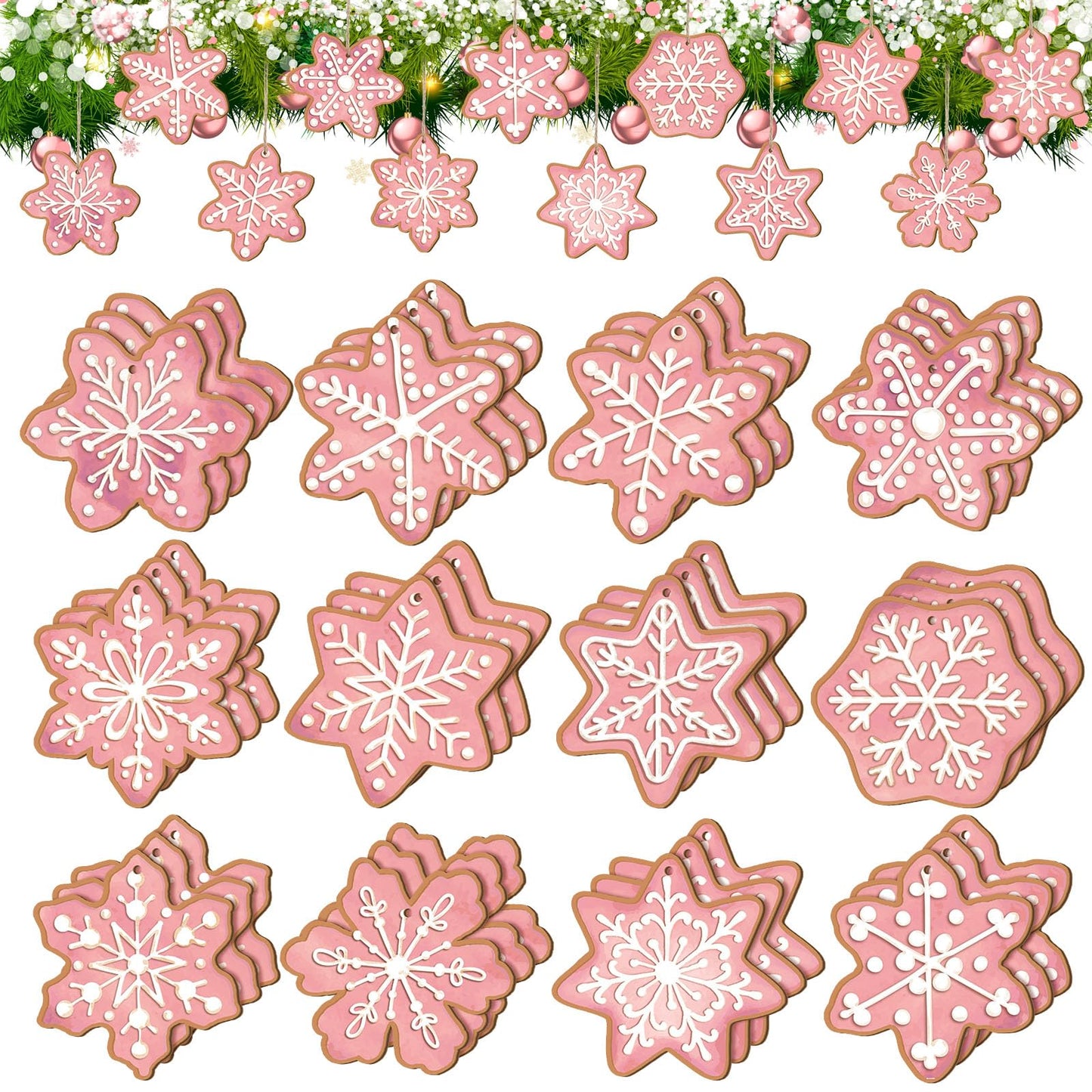 Quzzil 36 Pcs Christmas Gingerbread Ornaments for Tree Mini Snowflake Wooden Hanging Winter Xmas Ornaments with Ropes for Christmas Party Holiday Winter Crafts(Pink,36 Pcs,Snowflake)
