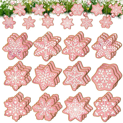 Quzzil 36 Pcs Christmas Gingerbread Ornaments for Tree Mini Snowflake Wooden Hanging Winter Xmas Ornaments with Ropes for Christmas Party Holiday Winter Crafts(Pink,36 Pcs,Snowflake)