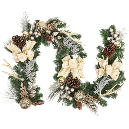 Adeeing Christmas Garland with Lights, Champagne Gold 6FT 20LED Pre-Lit Christmas Garland with Ball Ornaments, Ribbons, Pine Cones and Artificial Antlers for Door Mantle Stairs Christmas Decoration