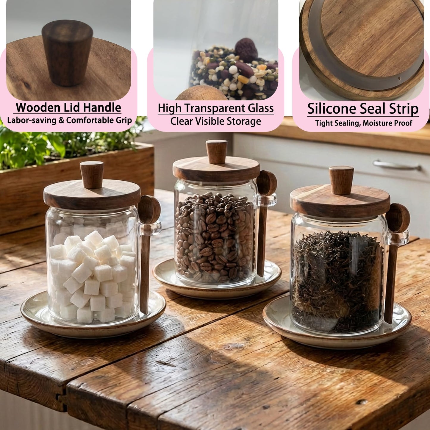 Piscepio Set of 3 Glass Jars Containers with Wooden Lids and Scoop Clear Canister Jars Set with Spoon for Kitchen Food Storage Coffee Tea Sugar Decorative Countertop Organization Jars 31 oz (3)