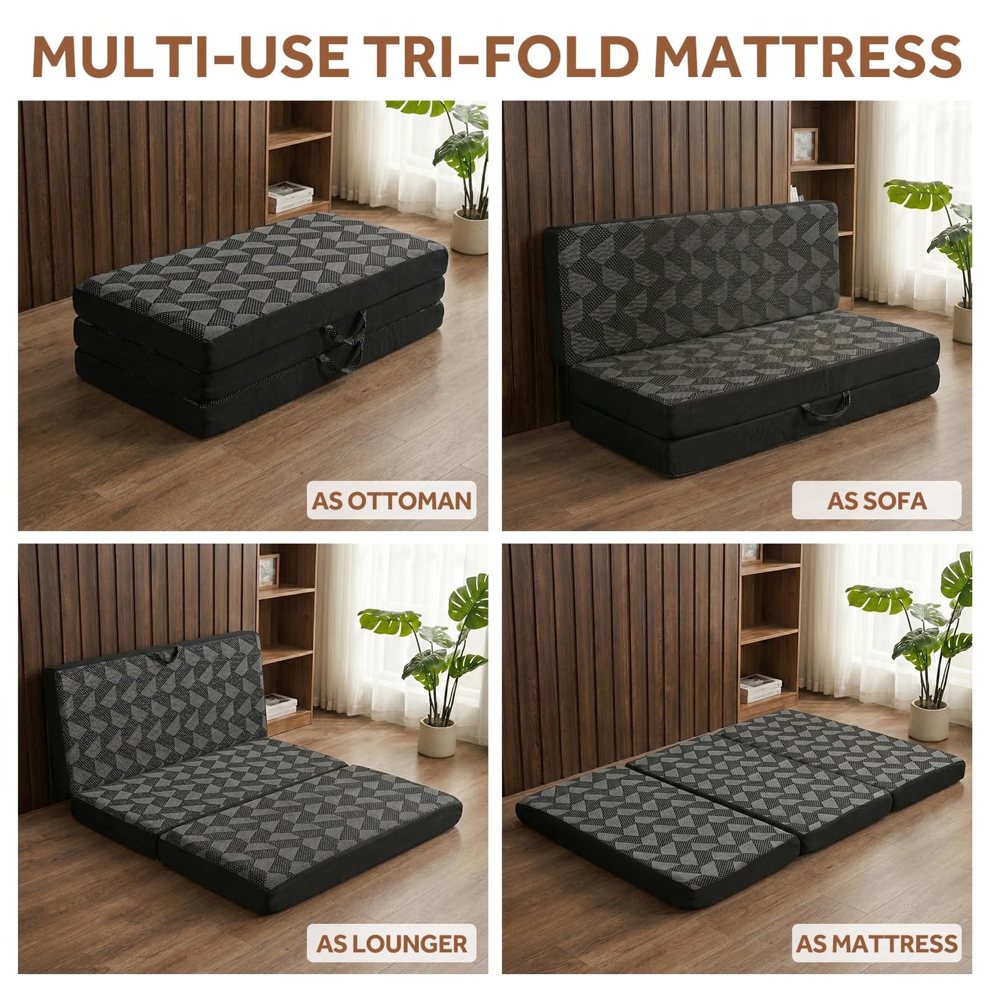 Tri Folding Mattress Twin Size - Memory Foam Tri-fold Mattress, Handle & Non-Slip Bottom, Portable Foldable Sofa Bed Floor Chair for Travel RV Camping Guest Yoga - 4 Inch, 75" 38"x4"