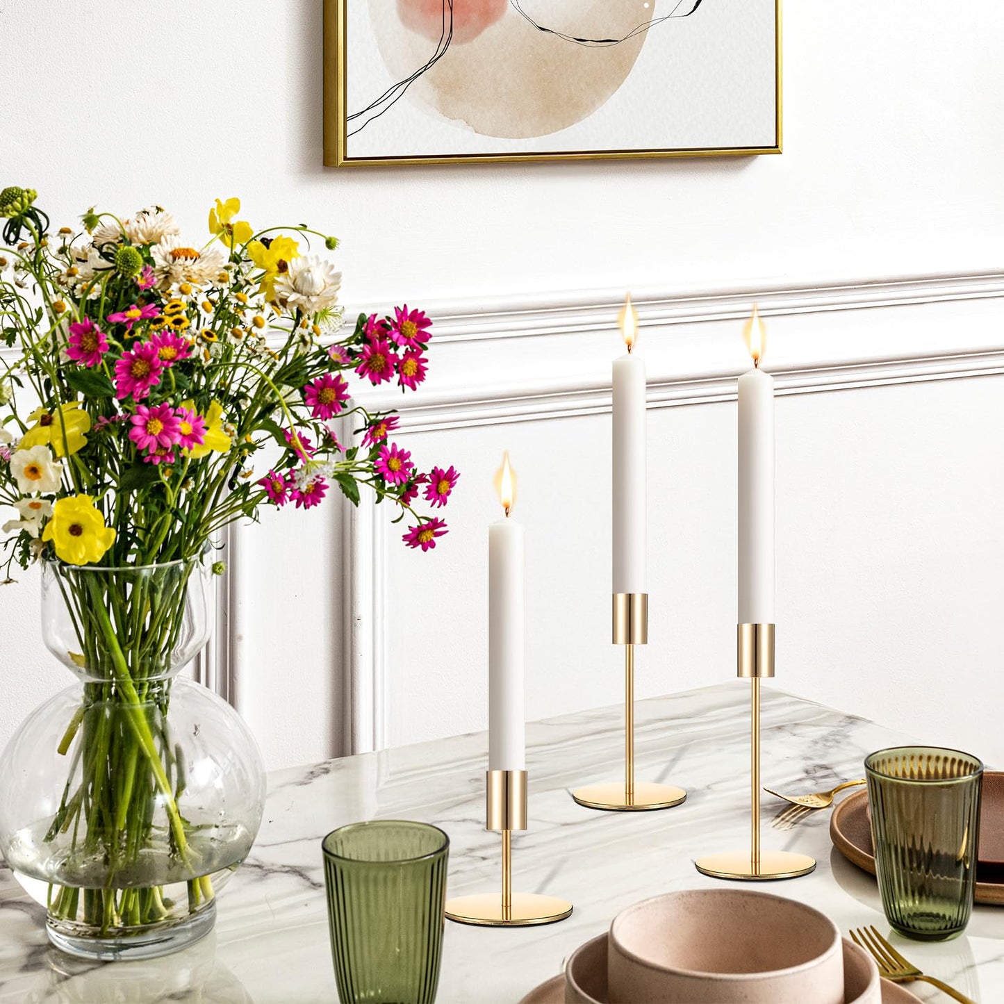 6 Pcs Gold Taper Candle Holders Set, Metal Candlestick Holder for Dining Table Centerpiece, Wedding, Mantel Decor, and Housewarming Gift
