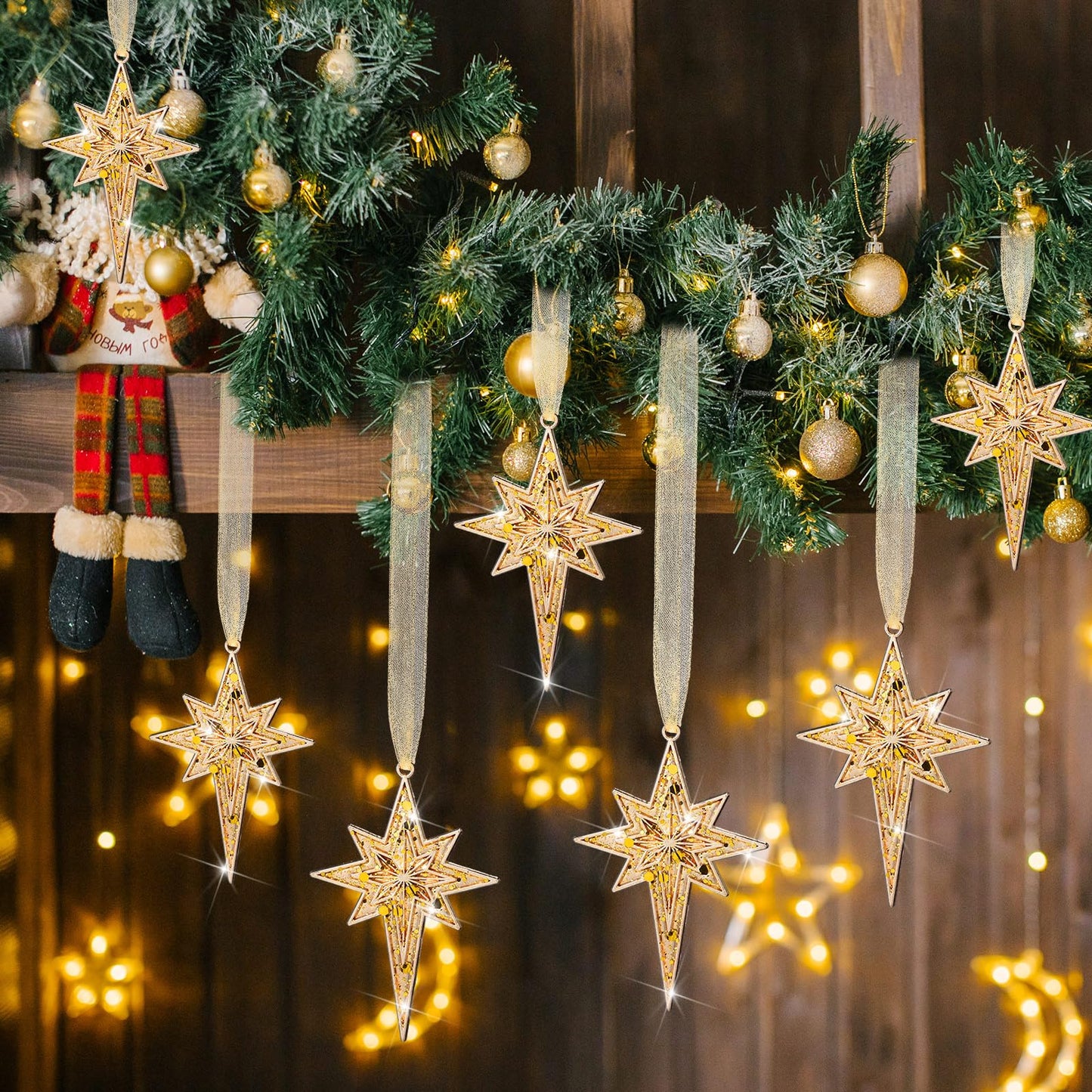 Soulchen 8 Pcs Christmas in July Bethlehem Star Ornament 3.15 x 1.97 Inch Metal Glitter Star of Bethlehem Ornaments Summer Christmas Tree Topper Nativity Decor for Xmas Party Decor(Gold)