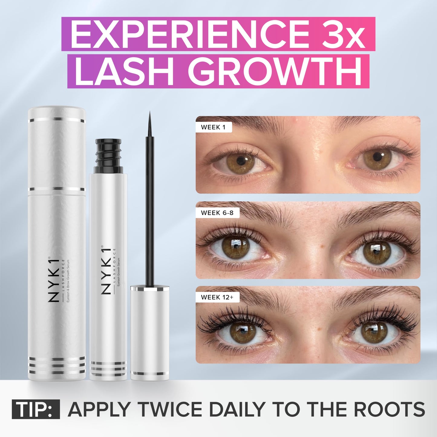 NYK1 CONCENTRATED Eyelash Growth Serum (XL - 8ml) LashForce Eyelash Serum For Growth And Thickness - Eye Lash Serums For Easy Application And Long Lasting Results For Fuller And Longer Lashes