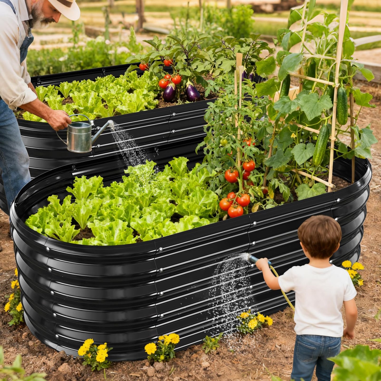 YSEJOMP 17" Tall Outdoor Garden Raised Garden Bed Kits, 4ft X 2ft Oval,0.8MM Thick Metal Raised Planter Bed/Ground Planter Box for Variety of Flowers,Herbs,Vegetables (Black, 48X24X16.5 Inches)