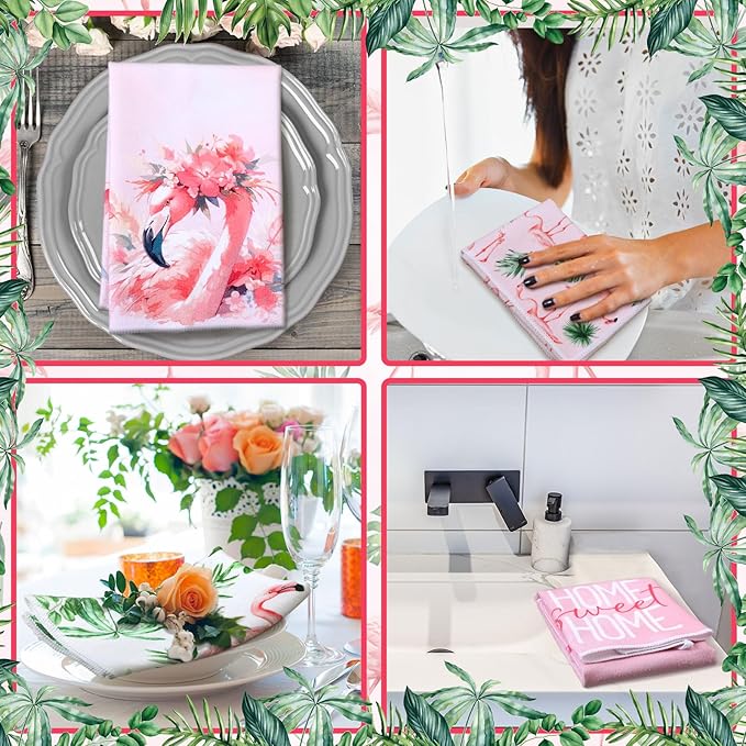 Geyoga 6 Pcs Spring Floral Kitchen Towels Flamingo Dish Hand Towels Sunflower