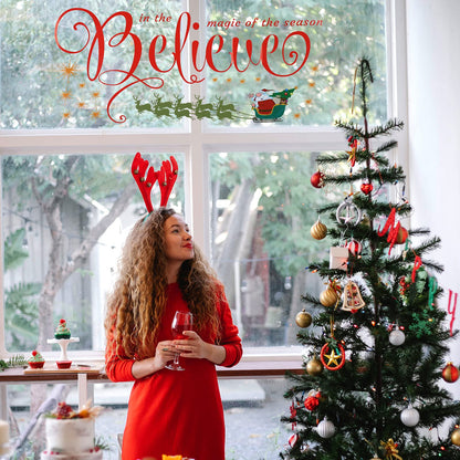 Large Christmas Wall Decals Stickers - Believe Quotes Decals, Tree Door Stickers Merry Christmas Wall Decorations Xmas Bathroom Fireplace Decor for Party Window Supplies - Removable