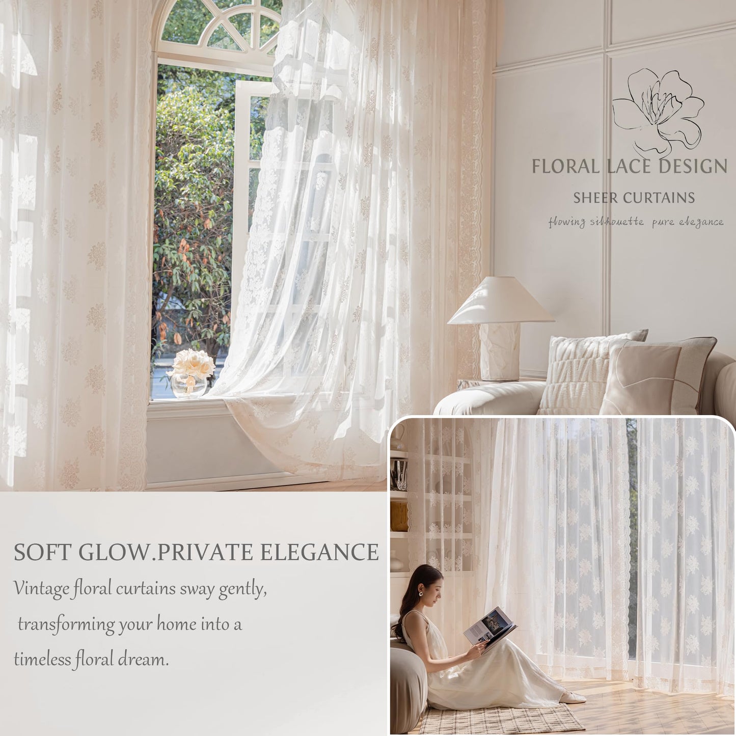 Ivory Lace Curtains 90 Inch Long Vintage Rose with Scalloped Edges Semi Sheer Privacy Curtain Drapes for Living Room, Bedroom Cream Lace Window Curtains with Rod Pocket, 57"W x 90"L, 3 Panels