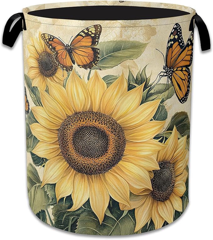Vintage Sunflower Laundry Basket, Foldable Oxford Cloth Butterfly Laundry Hamper