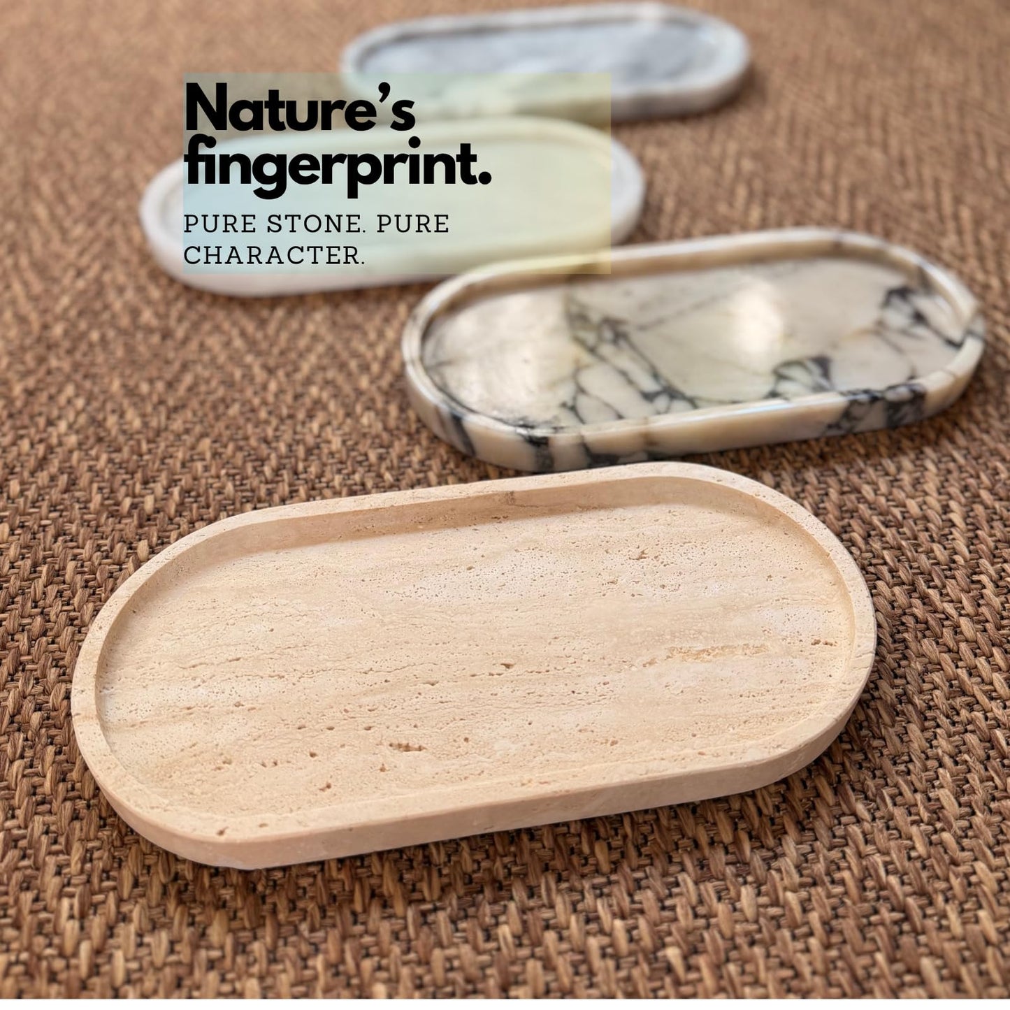 Natural Travertine Oval Tray 12”x6” – Vanity & Bathroom Counter Tray for Perfume, Candles & Jewelry | Heavy Stone Decorative Marble Tray with Non-Slip Pads