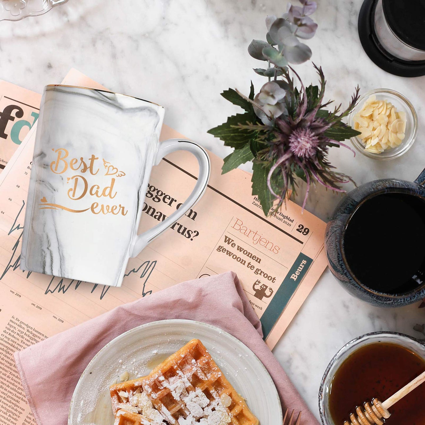 YHRJWN Best Dad and Mom Marble Ever Coffee Mug Set - with Gift Box Coaster Spoon for Christmas Birthday Parent Gift from Daughter Son 14 Oz Each