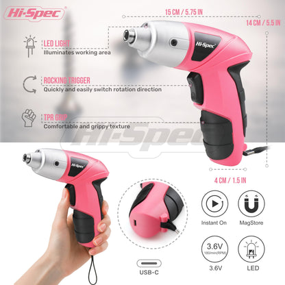 Hi-Spec 27 Pc Electric Screwdriver Pink 3.6V with 23 Drill Bits Set, Rechargeable Battery, LED Light & Cordless Screwdriver – Ideal for Home, Office, DIY Projects & Women