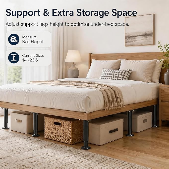 4Pcs Bed Frame Support Leg, Adjustable 14" to 23.6", Increase Under-Bed Storage