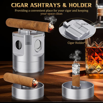 XIFEI 8-in-1 Desktop Cigar Lighter with Straight V-Cut Cutter, 3 Ashtrays, 3 Draw Enhancer Tools, 2 Stands, Cigar Punch, 4 Jet Flame Butane Torch Lighters, Luxury Accessories Gift Set (Silver)