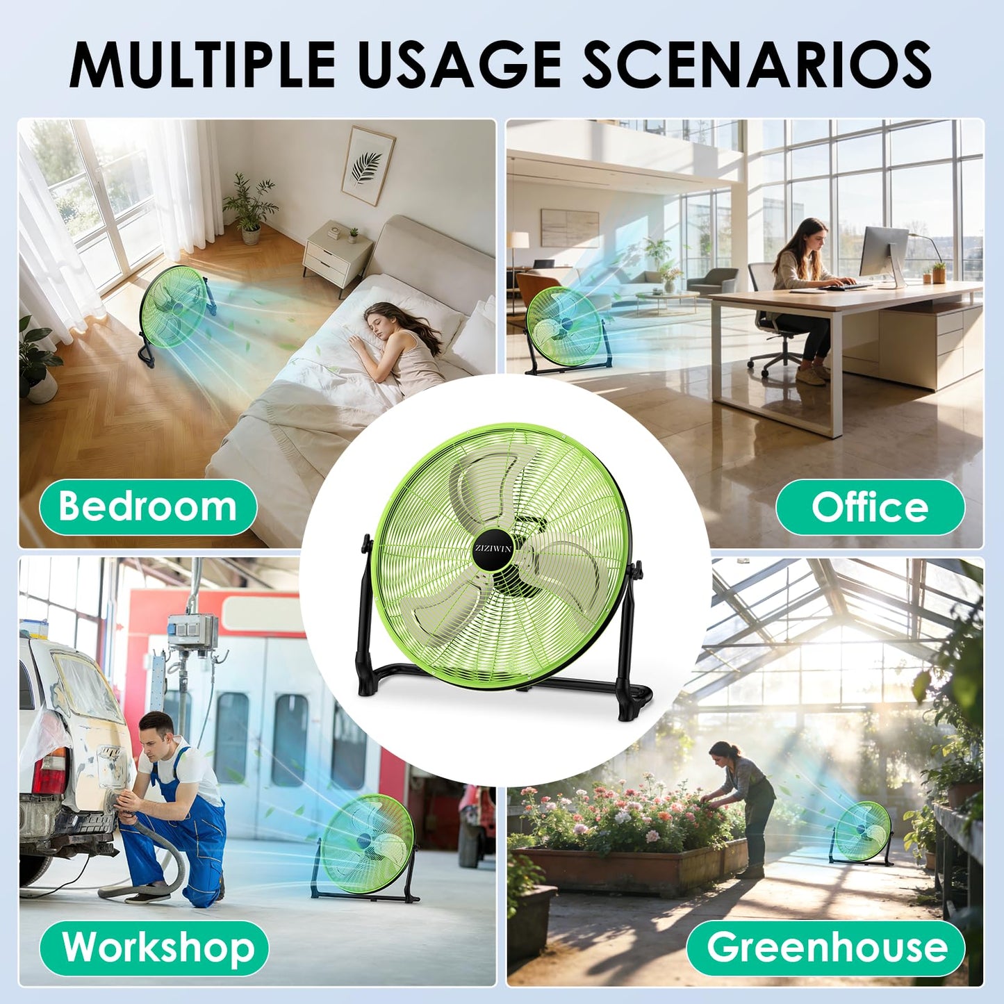 ZIZIWIN 18'' Rechargeable Battery Operated Floor Fan, Portable Cordless Camping Fan Outdoor, Long Lasting Battery Powered Fan, 360° Tilt, Wireless, USB Output, for Home Gazebo Greenhouse Outside Gym