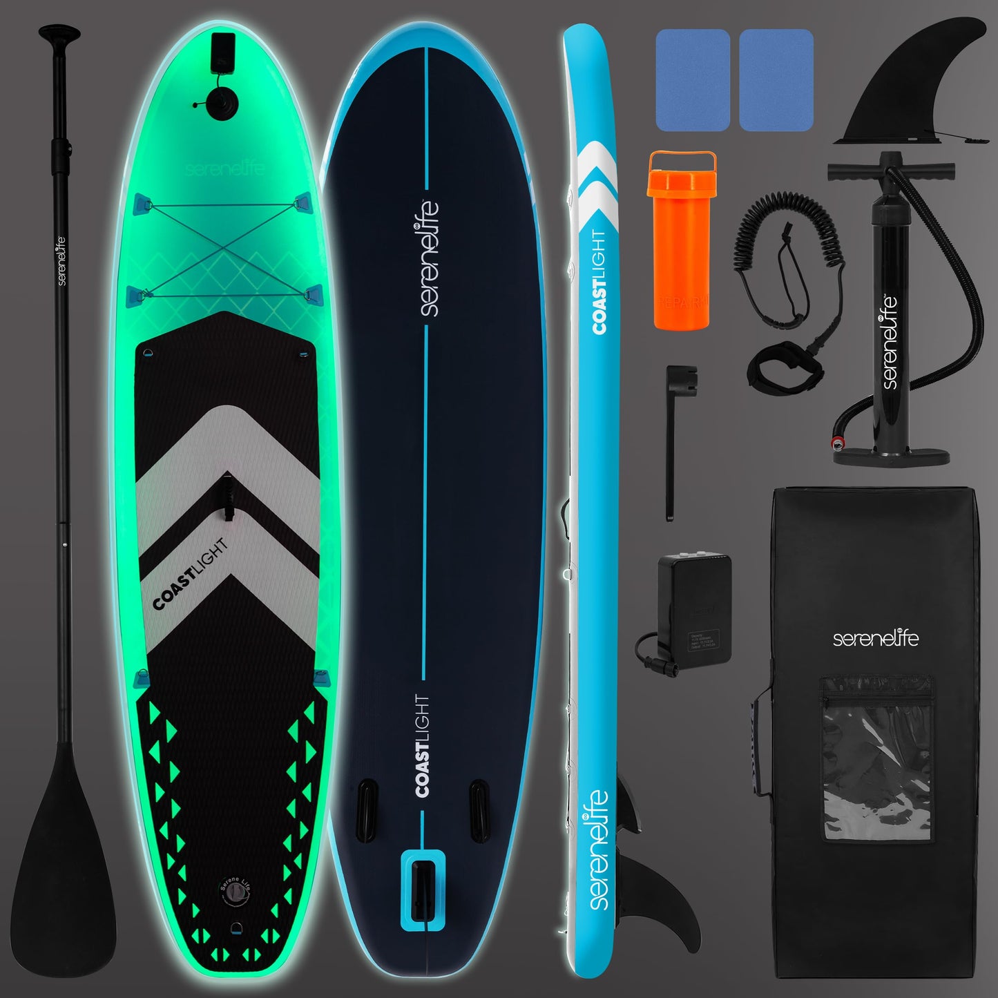 SereneLife 10’6” Inflatable Stand-Up Paddle Board with LED Lights - 32” Wide Stable Design with Non-Slip EVA Deck Pad, Includes Premium SUP Accessories, for Youth and Adults, 275 lbs. Capacity