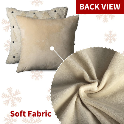 4TH Emotion Christmas Trees Decorative Pillow Covers 18x18 Set of 2, Beige Soft Plush Faux Fur Farmhouse Throw Cushion Cases for Xmas Winter Holiday Home Decor