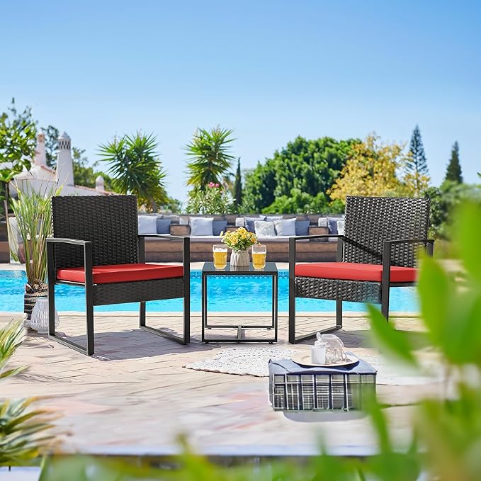 Flamaker 3 Pieces Wicker Patio Furniture Outdoor Modern Rattan Chair Conversation Sets with Coffee Table for Yard and Bistro (Red)