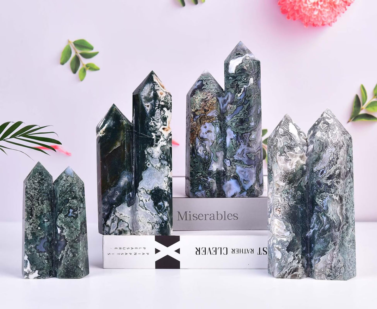 VIZYTOU Large Heaing Crystal Stone Tower Two Pointed Wand Column Moss Agate Obelisk Meditation Stone 1.7-2.2 Pound