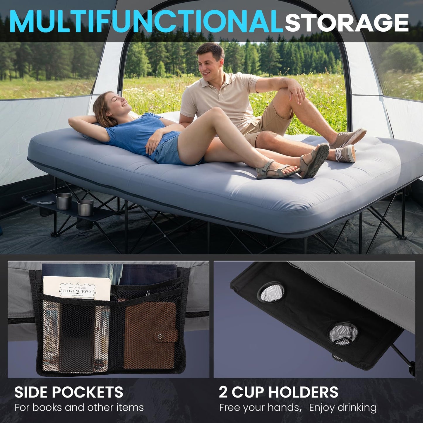 FUNDANGO Queen Camping Cot with Electric Pump, Inflatable Air Mattress Bed with Removable & Washable Cover, Folding Frame, Cup Holders, Carry Bag for Adults, Tent, Guest (80"x60")