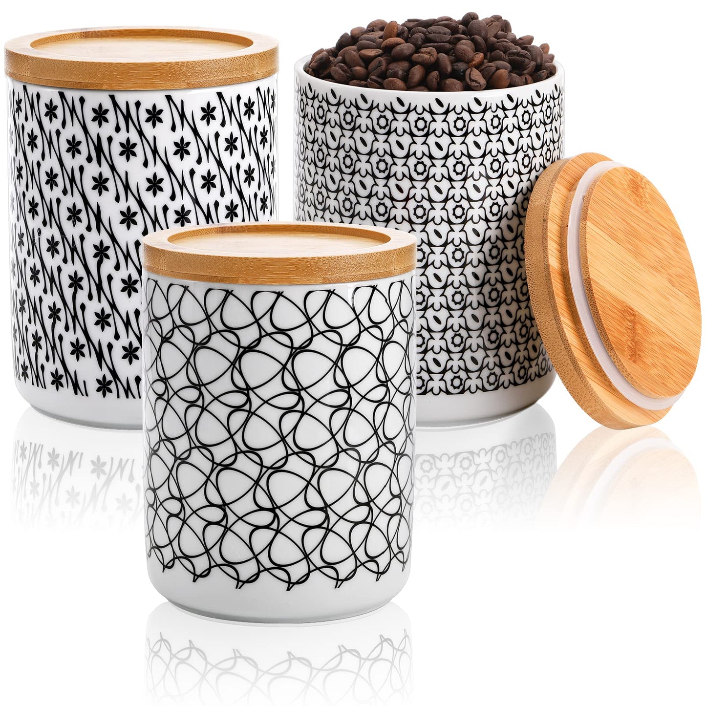 Yesland Ceramic Kitchen Canisters Set of 3, 24oz Airtight Food Storage Jars with Bamboo Lids, Round Coffee Tea Sugar Containers, Lead-Free Dishwasher Safe, Black Flower Pattern