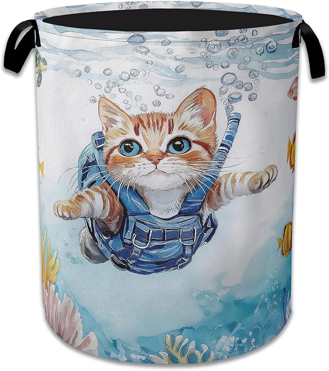 Cute Cat Laundry Basket, Foldable Oxford Cloth Sea Turtle Fish Coral Laundry