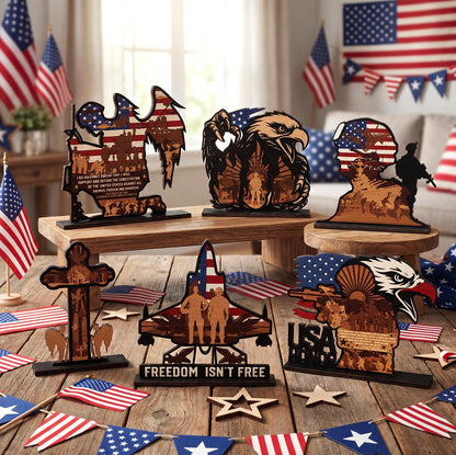 Yuntau 6 Pcs 4th of July Patriotic Table Decorations 250th Anniversary Wood Table Centerpiece American Soldier USA Wooden Tabletop Sign for Independence Veteran Day Shelves Memorial Tiered Tray Decor