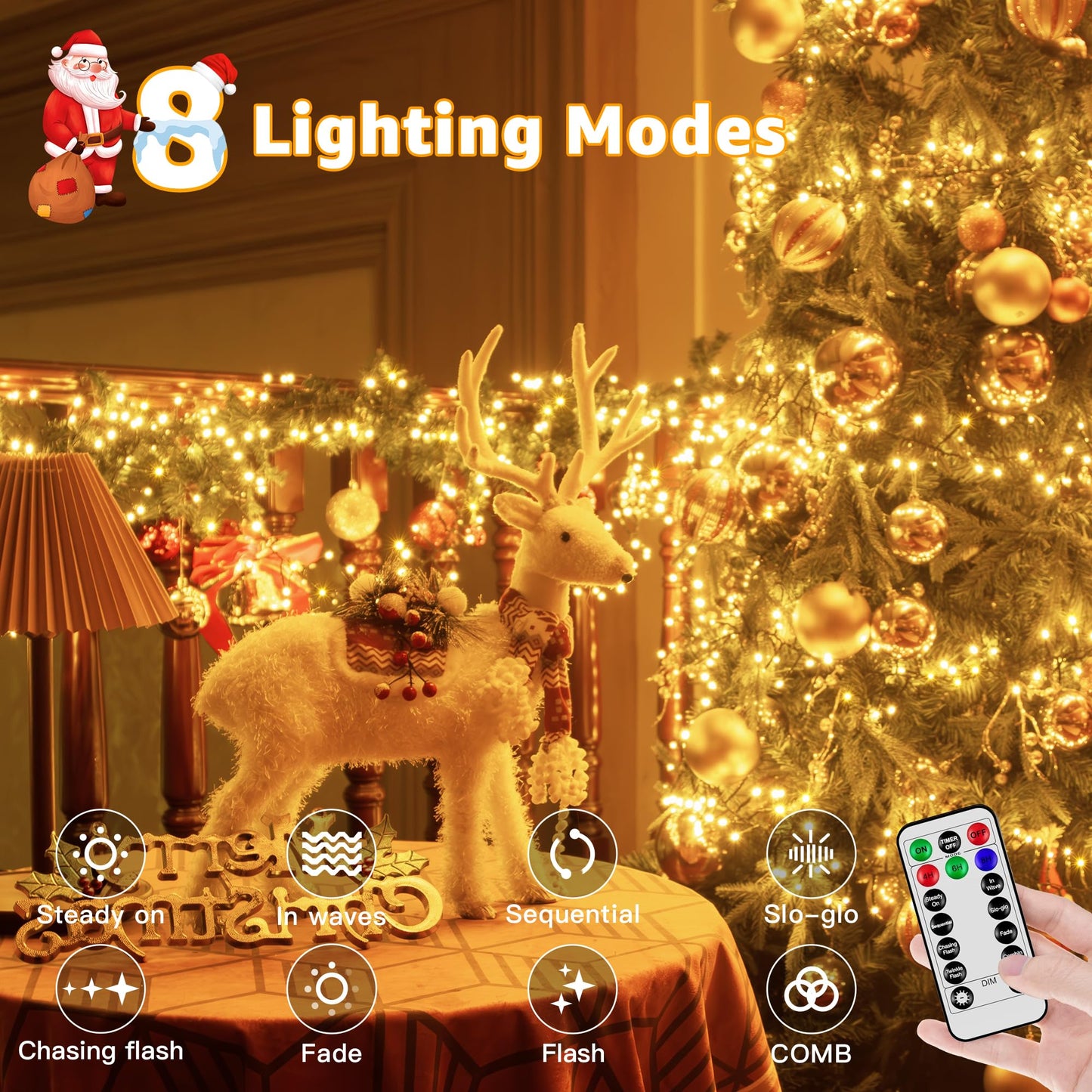 Ccinny 1200 LED 59 FT Cluster Lights, Warm White Christmas Tree Lights 8 Modes Timer Remote, Waterproof String Lights for Indoor Outside Garland Xmas Decorations