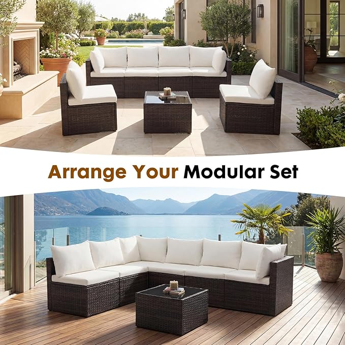 DUMOS 7 Piece Outdoor Patio Sectional Sofa, Modular Wicker Furniture Set
