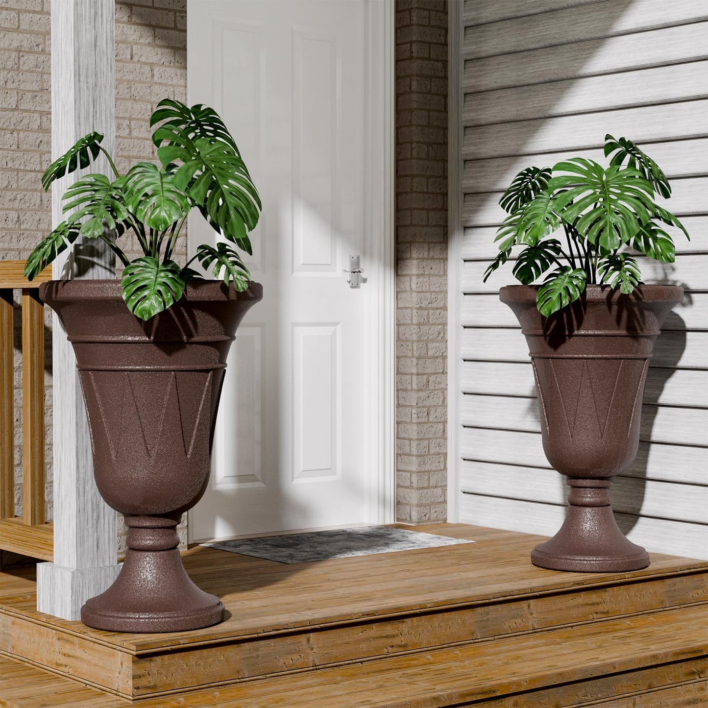 Trygoal 23.6" Tall Plastic Urn Planters for Outdoor Plants, Set of 2 Heavy-Duty Classic Indoor Large Flower Pots with Drainage Holes & Trophy Design, Outdoor Planters for Porch, Home Garden, Brown