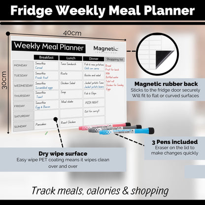 Magnetic Innovations Large A3 Fridge Meal Planner Board, Ideal as a Weekly Family Diet Planner, Food Shopping List, Menu Board, Includes 3 Dry Wipe Markers
