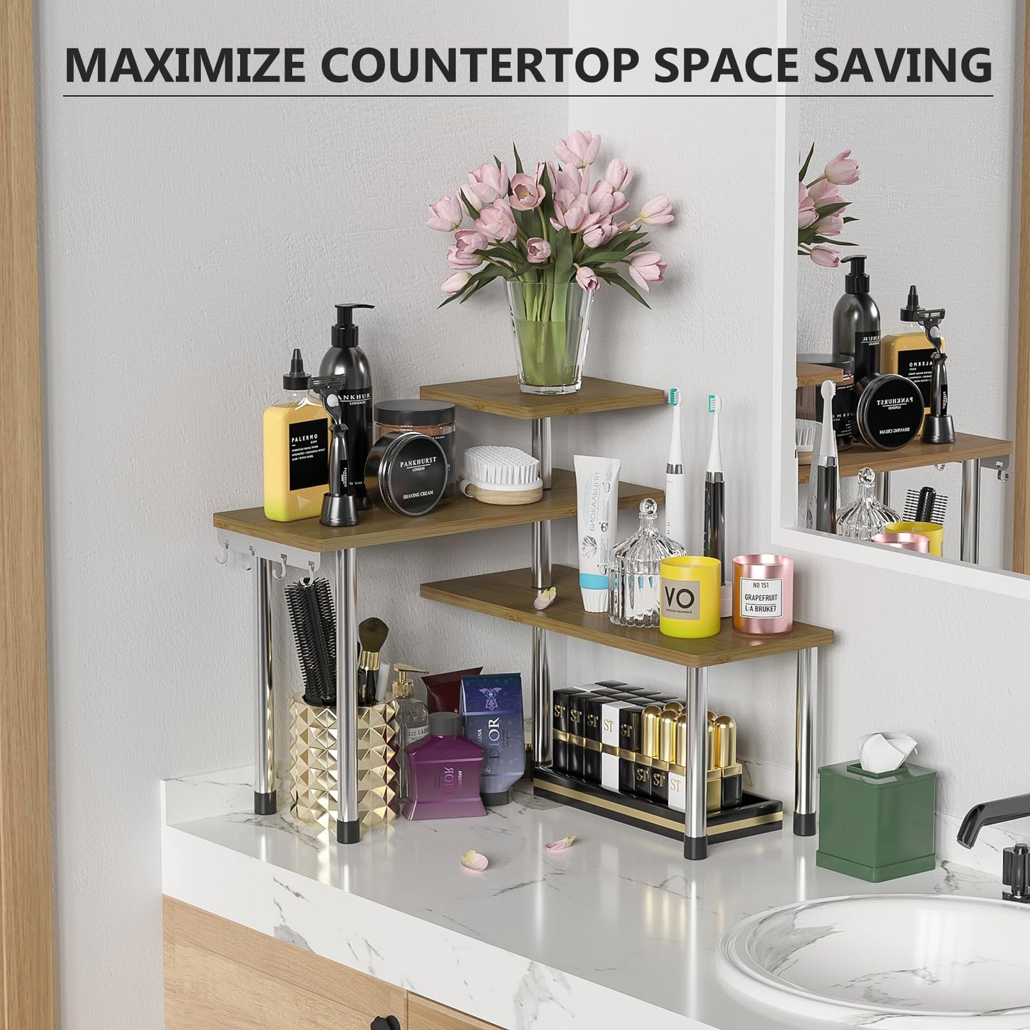 ZHWS Kitchen Countertop Organizer Spice Rack for Salt, Bathroom Counter Organizer Over Sink for Makeup, Skincare, Adjustable 3-Tier Corner Counter Shelf with 4 Hooks for Coffee Bar Dresser Table