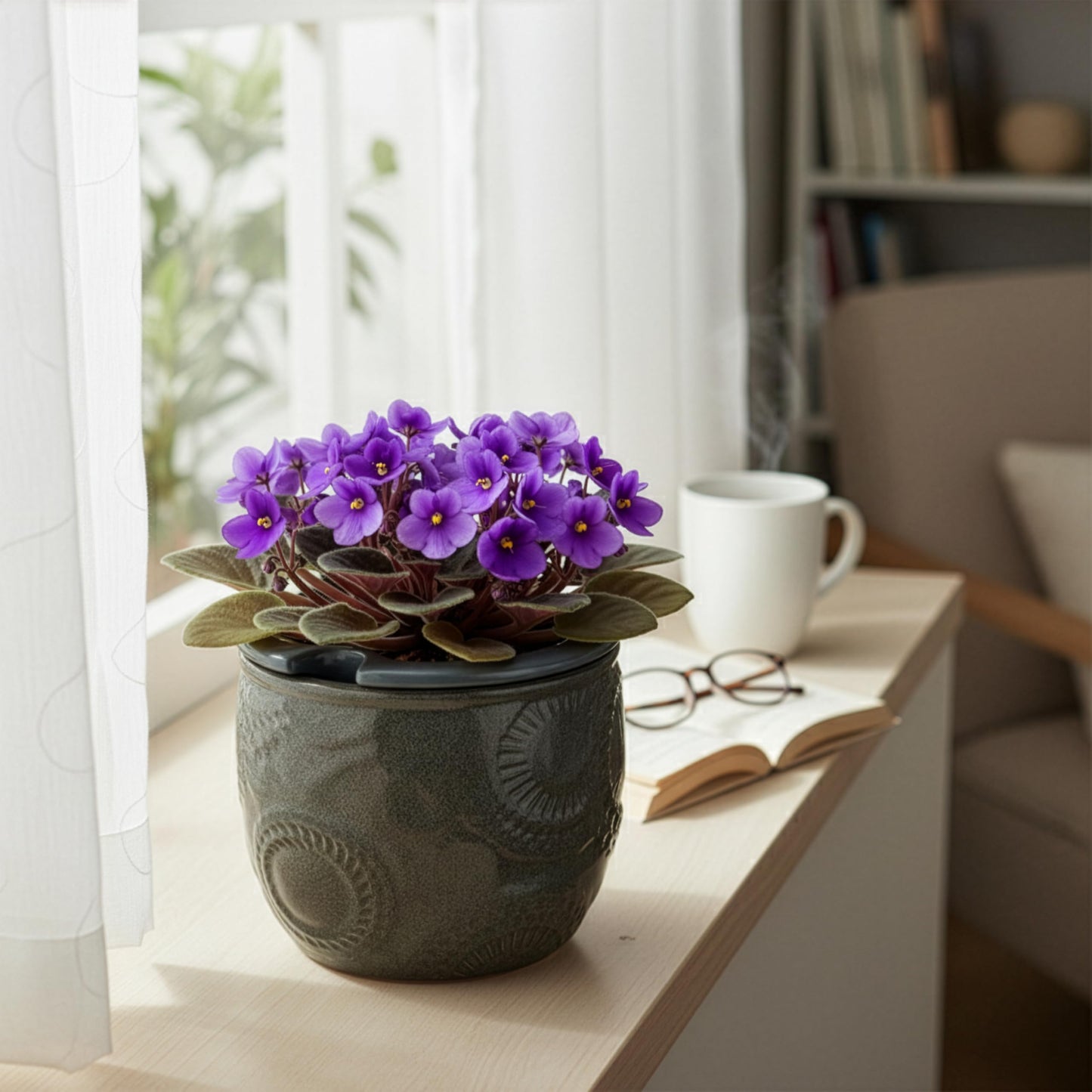 HERDUK 6.5” Ceramic Self Watering African Violet Planter with Embossed Floral Design – Durable Indoor Plant Pot for Orchids, Succulents, and Houseplants