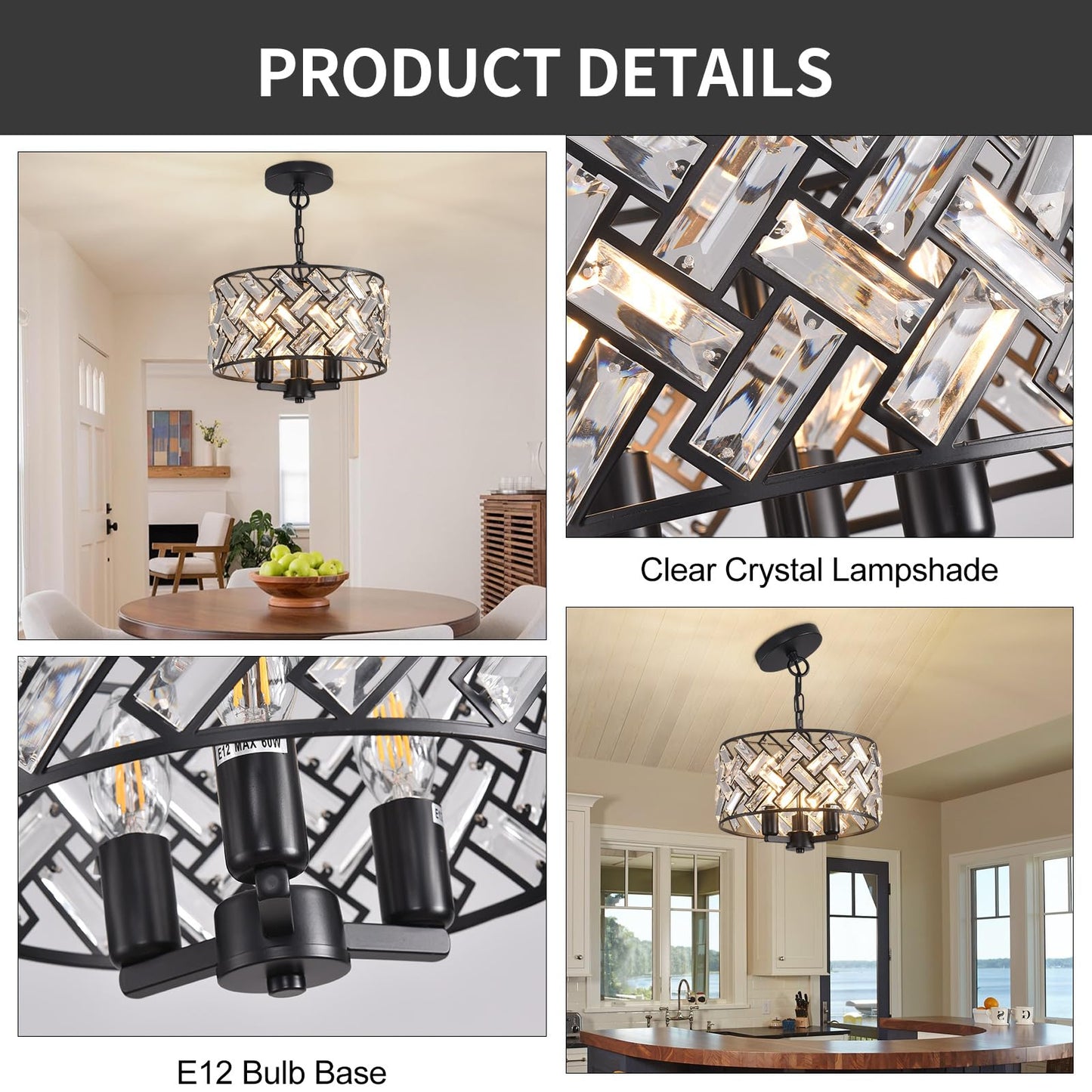 lobolighting Black Crystal Chandelier, 11'' Modern Chandelier, 3-LightSemi Flush Mount Ceiling Light Fixture for Dining Room Foyer Hallway