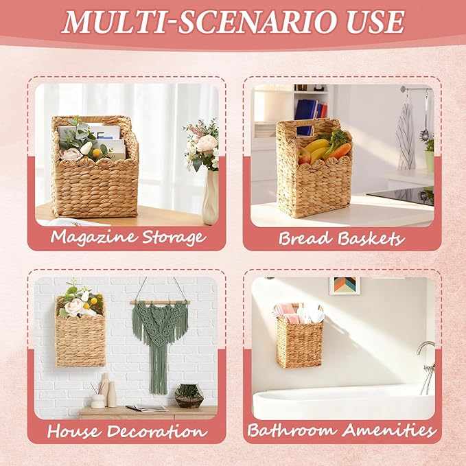 LemonRoad Wall Hanging Wicker Basket Set of 2, Handwoven Water Hyacinth Basket
