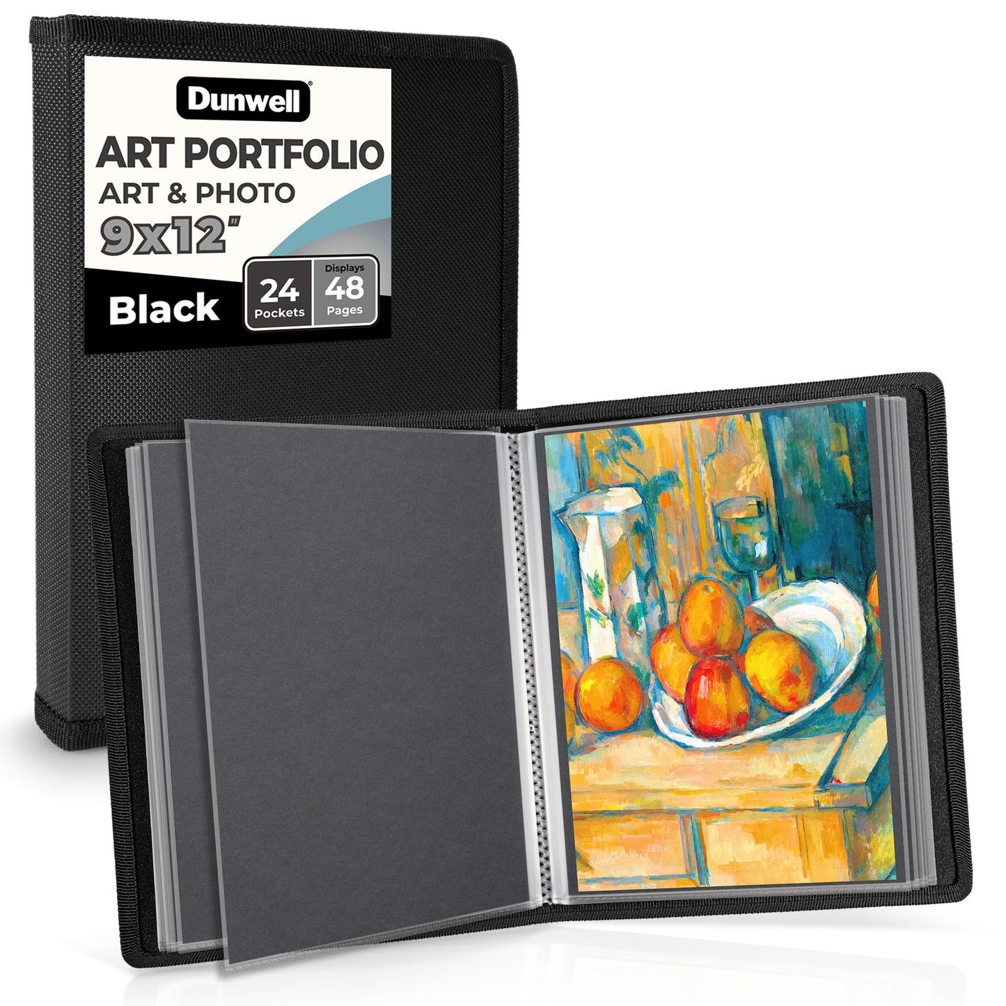 Dunwell 9x12 Art Portfolio Binder, Black Mounting Paper, Portfolio Binder for Artwork, 9 x 12 Art Folder, 24 Pockets Display 48 Pages, Acid-Free Poly Presentation Book