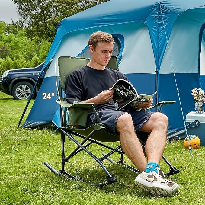 Portal Outdoor Rocking Chair Camping Folding Portable Rocker with Cup Holder Side Pocket Carry Bag, Support 350LBS (Mesh Green), 2 Pack