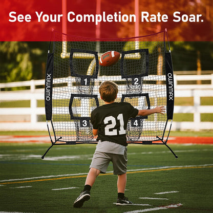 Owinmax 6x6 ft Football Trainer Throwing Net, Training Target Practice with 4 Targets, Includes Carry Bag and Ground Stake, Black and Red, Great for Kids and Youth