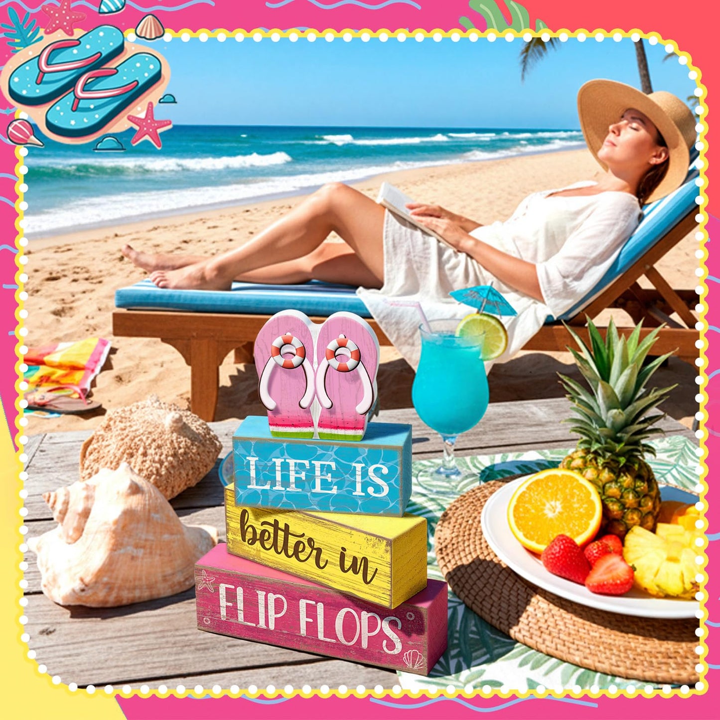 Yuntau 4 Pcs Summer Decorations for Home Flip Flops Table Decorations Wooden Sign Beach Table Centerpiece Summer Tiered Tray Decor Decorative Faux Book Stack Block for Office Coffee Mantel Shelf