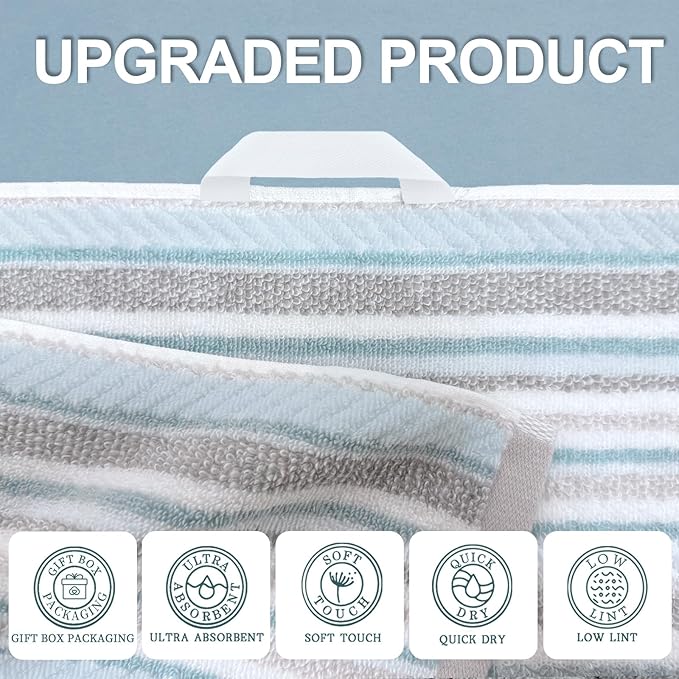 VOOVA & MOVAS 3PCS Bathroom Towels, 100% Cotton, Quick Dry, 1 Stripe Bath