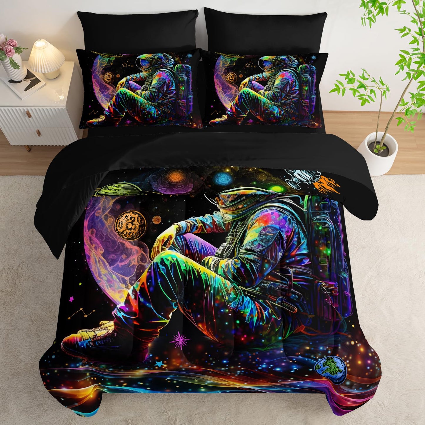 AILONEN Astronaut Space Comforter Set Queen - 7Pcs Soft Bed in a Bag - Rocket Planet Spacemen Comforter,Fitted Sheet,Flat Sheet,2 Pillowcases,2 Pillow Shams for Room Decor