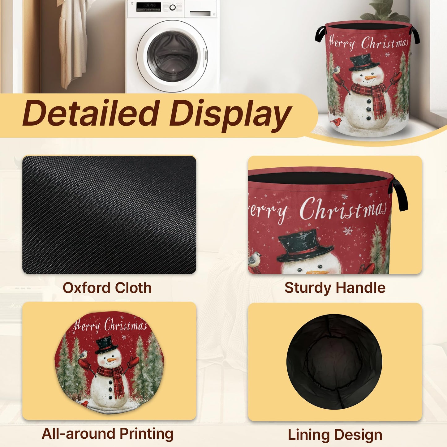 Snowman Bird Collapsible Laundry Basket,Merry Christmas Waterproof Oxford Cloth Hamper with Handles,Portable Storage Organizer for Laundry Room Bedroom