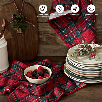 RECYCO Christmas Waffle Kitchen Towel Set of 2 - Quick Dry Microfiber Sustainable Dish Towels - Ultra Absorbent Reusable Cleaning Tea Towels - Lightweight Hand Towels,16”x 28”, Stewart Plaid Red