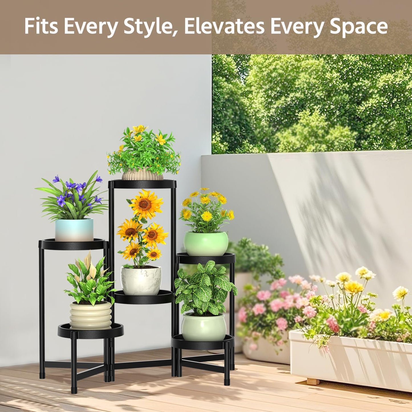 LASZOLA 6 Tiered Plant Stand Indoor Outdoor with Plastic Tray, Corner Folding Tall Flower Display Rack, Modern Plant Holder Shelf for Outdoor Patio Porch Garden Office Living Room, Black