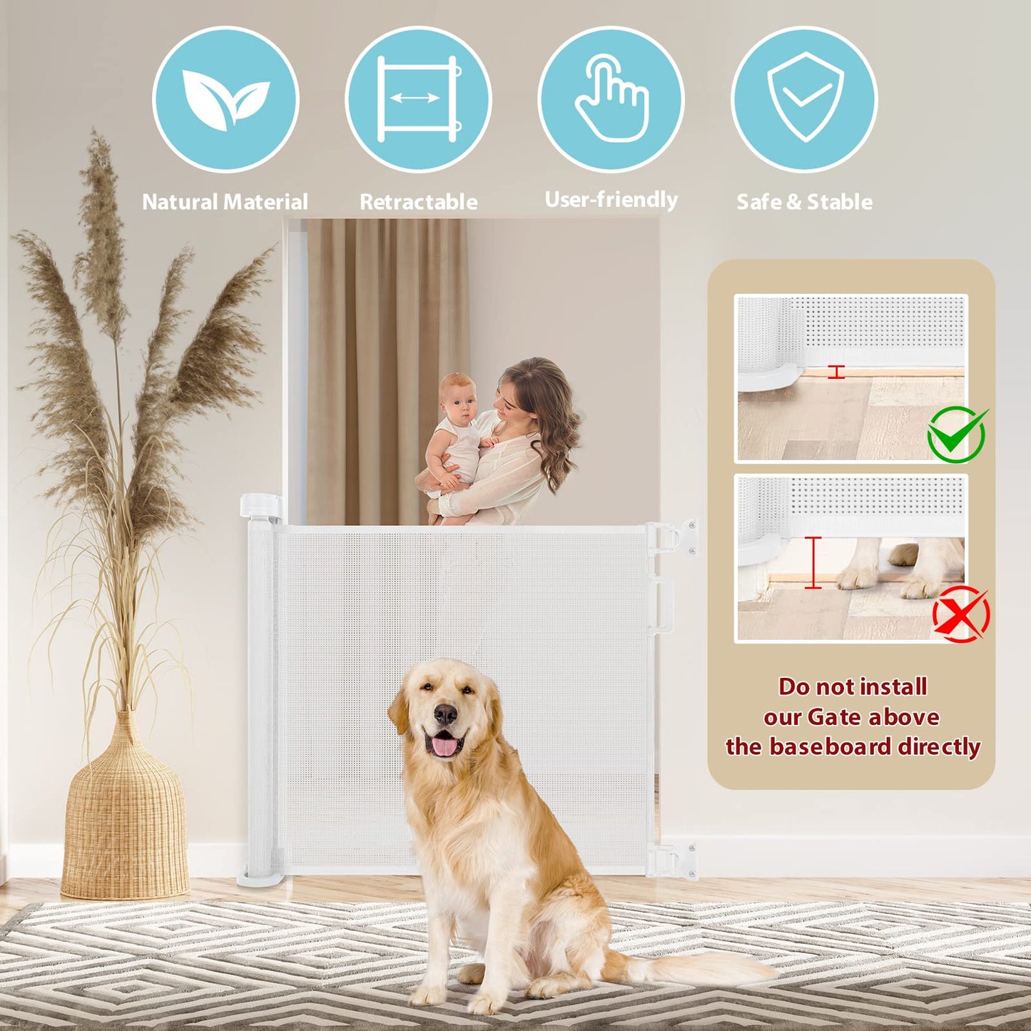 Looxii Retractable Stair Gate, Stair Safety Gate for Baby and Pet, Extends up to 71" Wide 33" Tall Dog Gate, Baby Gate for Stairs, Doorways, Hallways, Indoor and Outdoor 0-180 cm