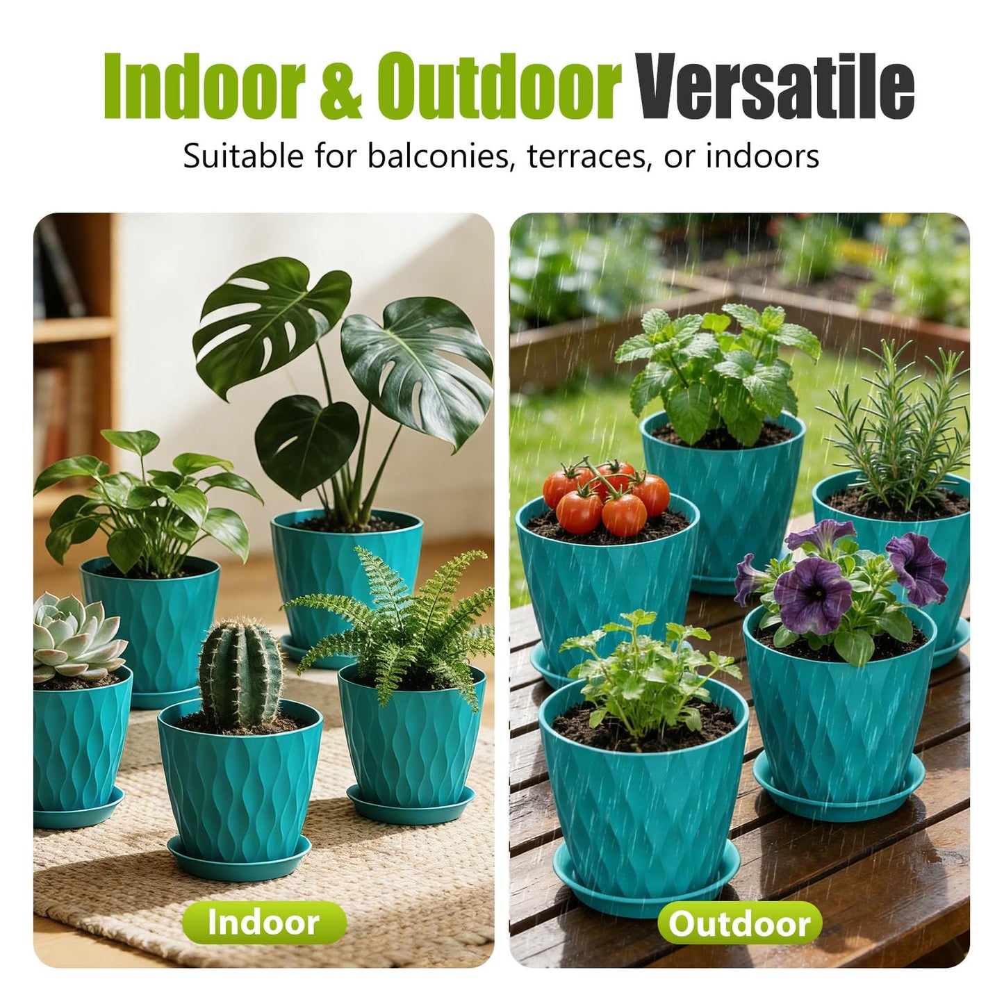 SQKH 8 Inch Plastic Plant Pots,Set of 5 Flower Pots,Planters with Drainage Holes & Saucers, Indoor Outdoor Garden Pots for Home Decor(Blue-Green)